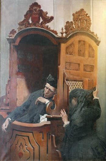 Premodern illustration of a woman speaking to a Catholic priest in his confessional booth. (Pixabay.com) 